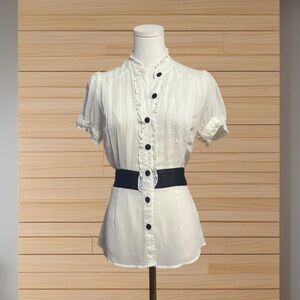 Ivory Ruffle Blouse M Satin Button Pintuck Tie Romantic Coquette Feminine